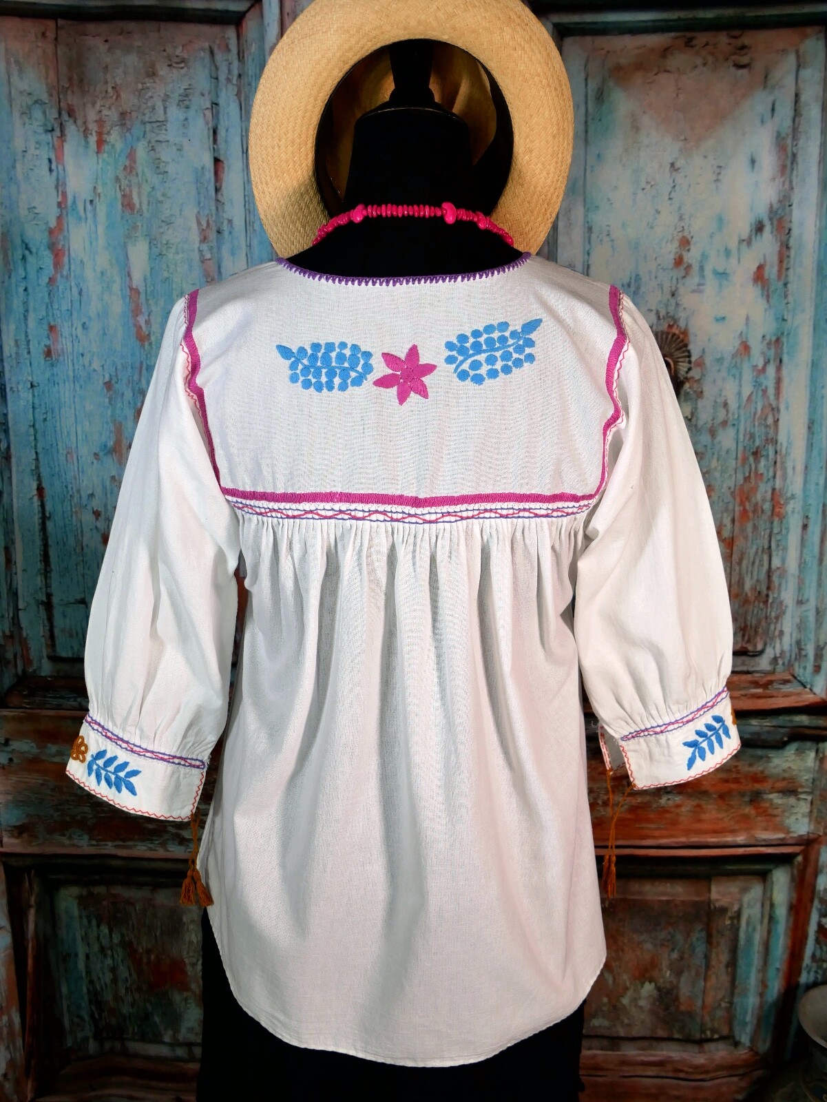 Peasant Blouse Hand Embroidered Flowers White Cotton Fabric Mayan Chiapas Mexico