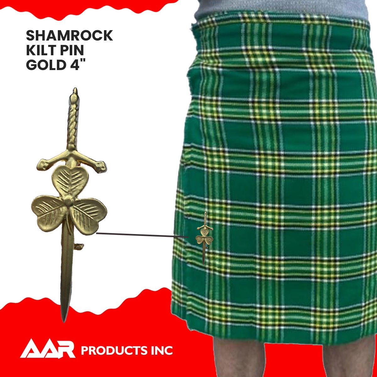 Kilt Pin Shamrock Irish Brand New AAR Sporrans Color Gold Finish Size 4″