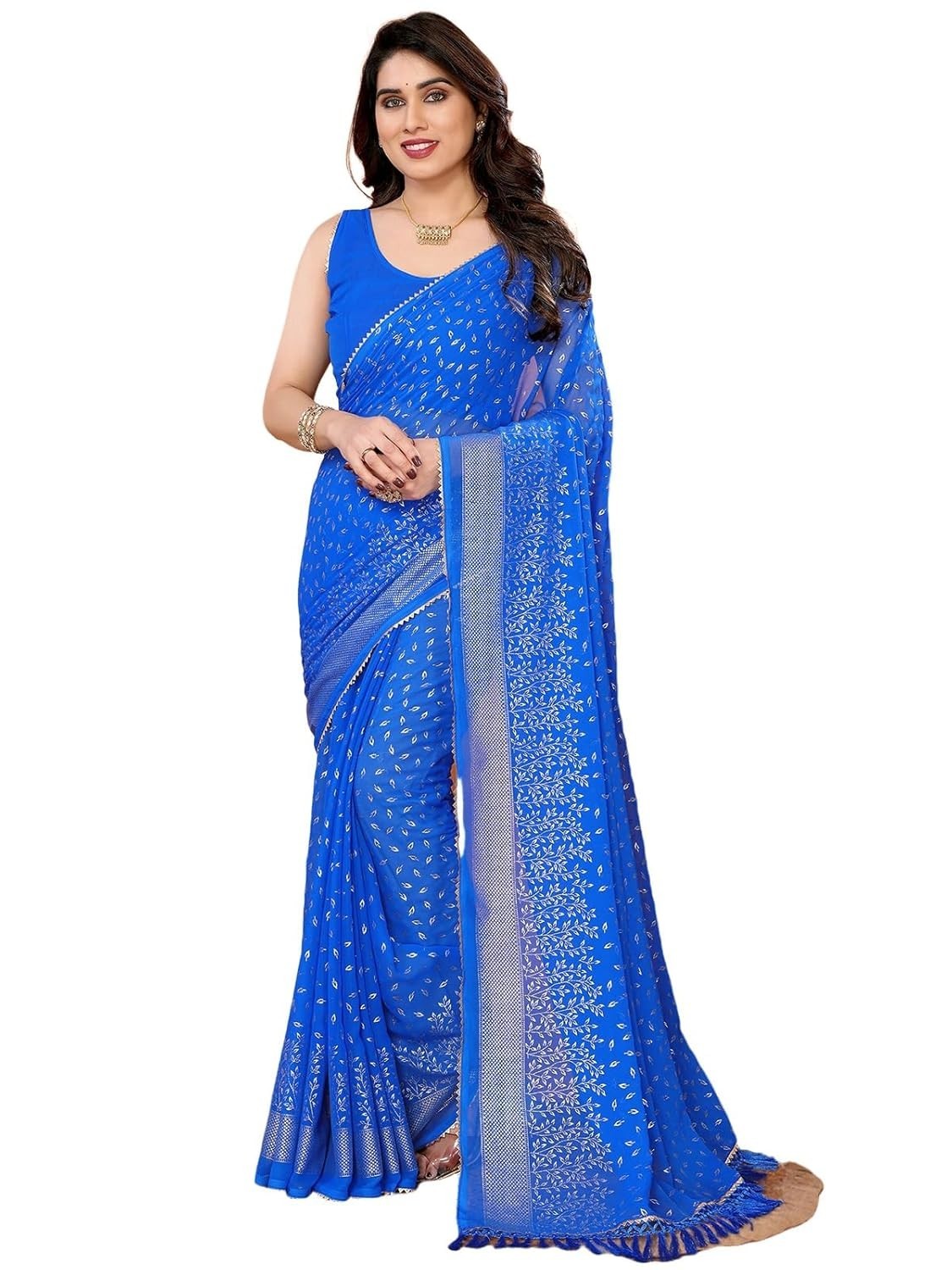 Women’s Georgette Foil Printed Lace Work Saree with Unstitched Blouse Piece