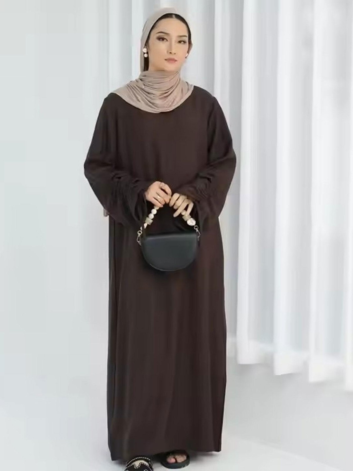 Eid Muslim Abaya Dress Lace Up Sleeve Modest Kaftan Robe for Ramadan Prayer
