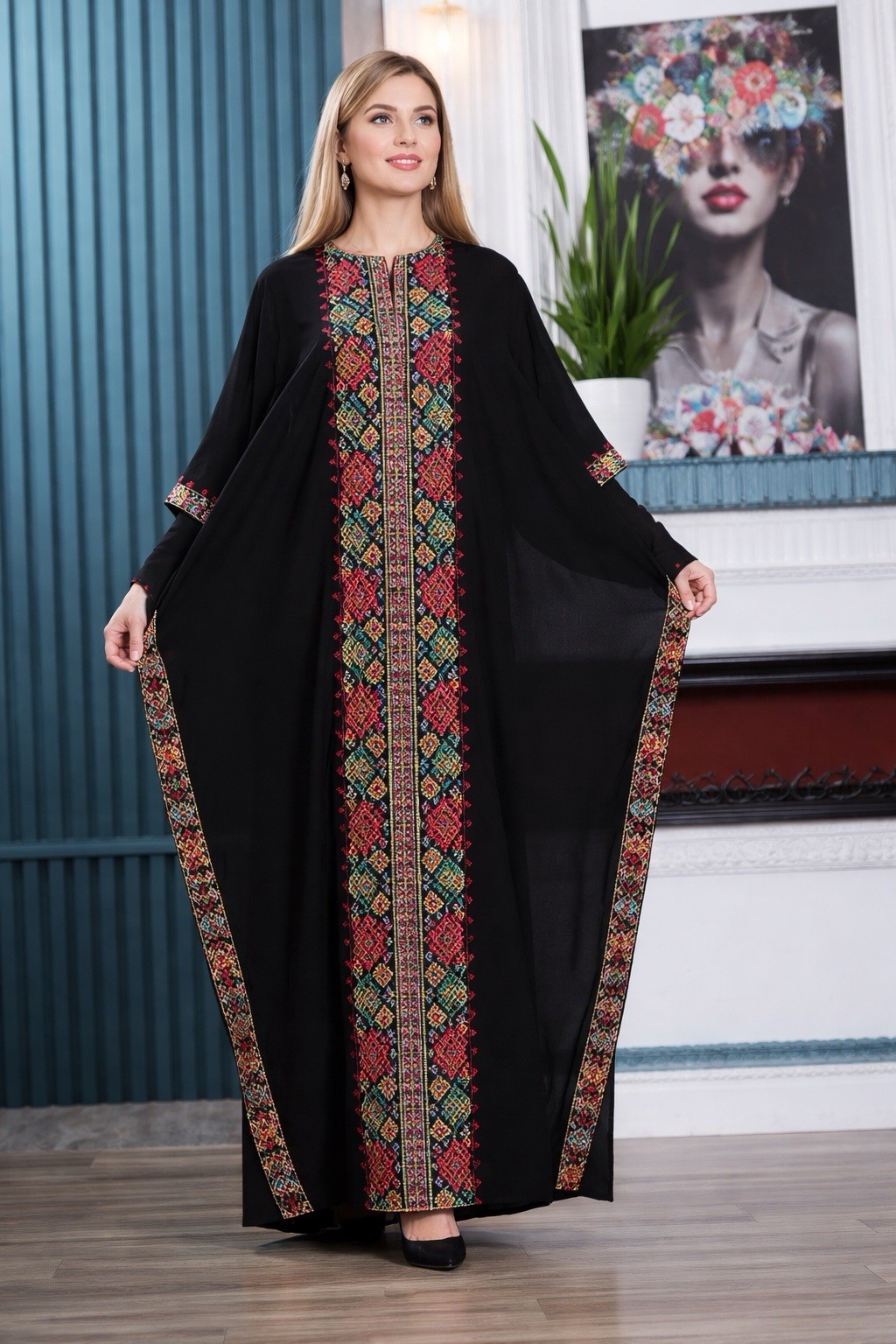 Handmade Palestinian Embroidered Cotton Kaftan Dress, Multi-Color, Free Size