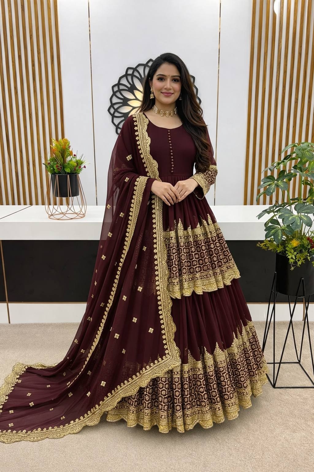 Indian Maroon Anarkali Gown for Women Ethnic Wedding Party Wear Dress Dupatta