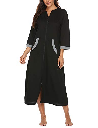 Women Zipper Robe 3/4 Sleeves Loungewear Dress Full Length Large Style 1-black