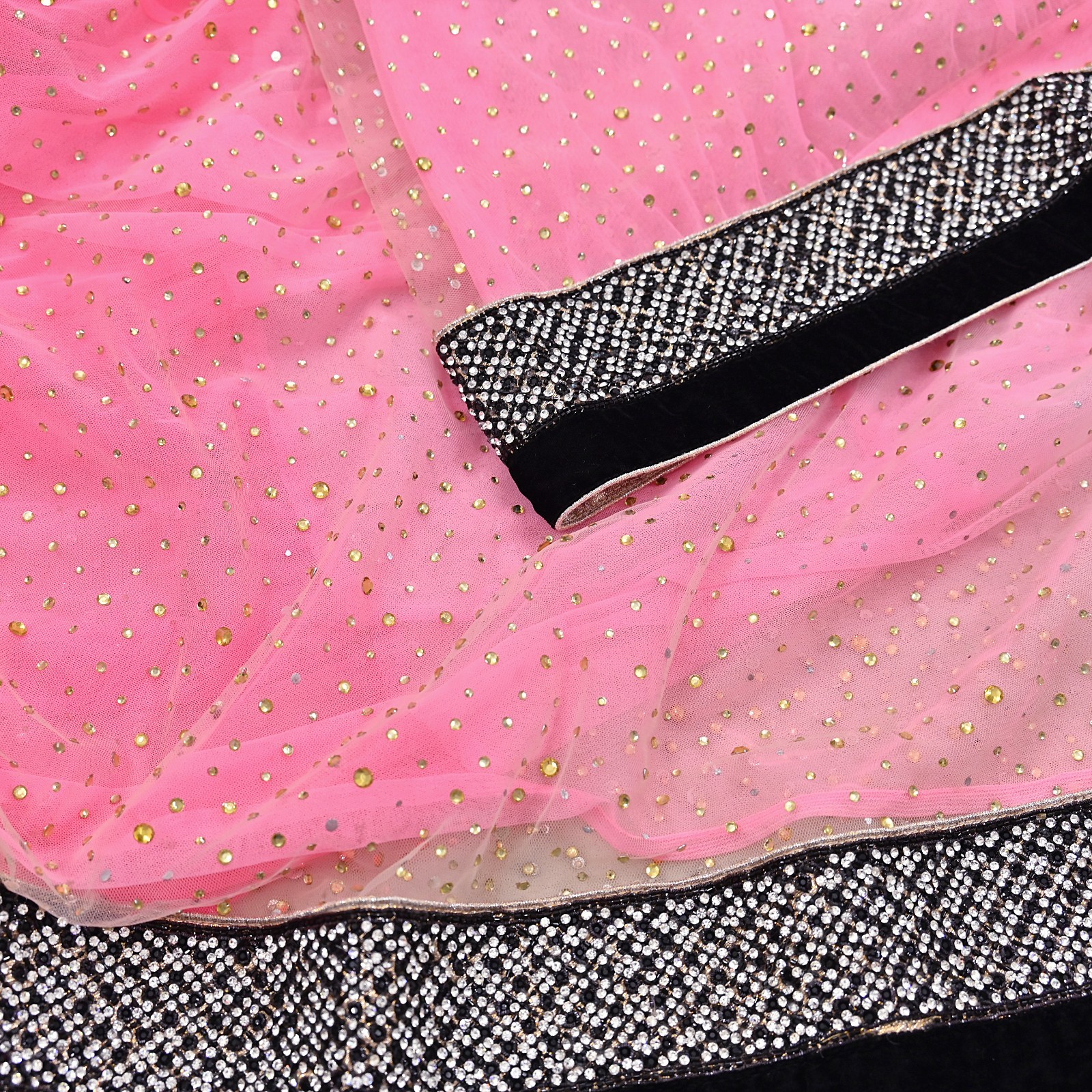 Vintage Pink Net Lehenga Saree Heavy Hand Embroidery 6 Yards Soft Mesh Fabric