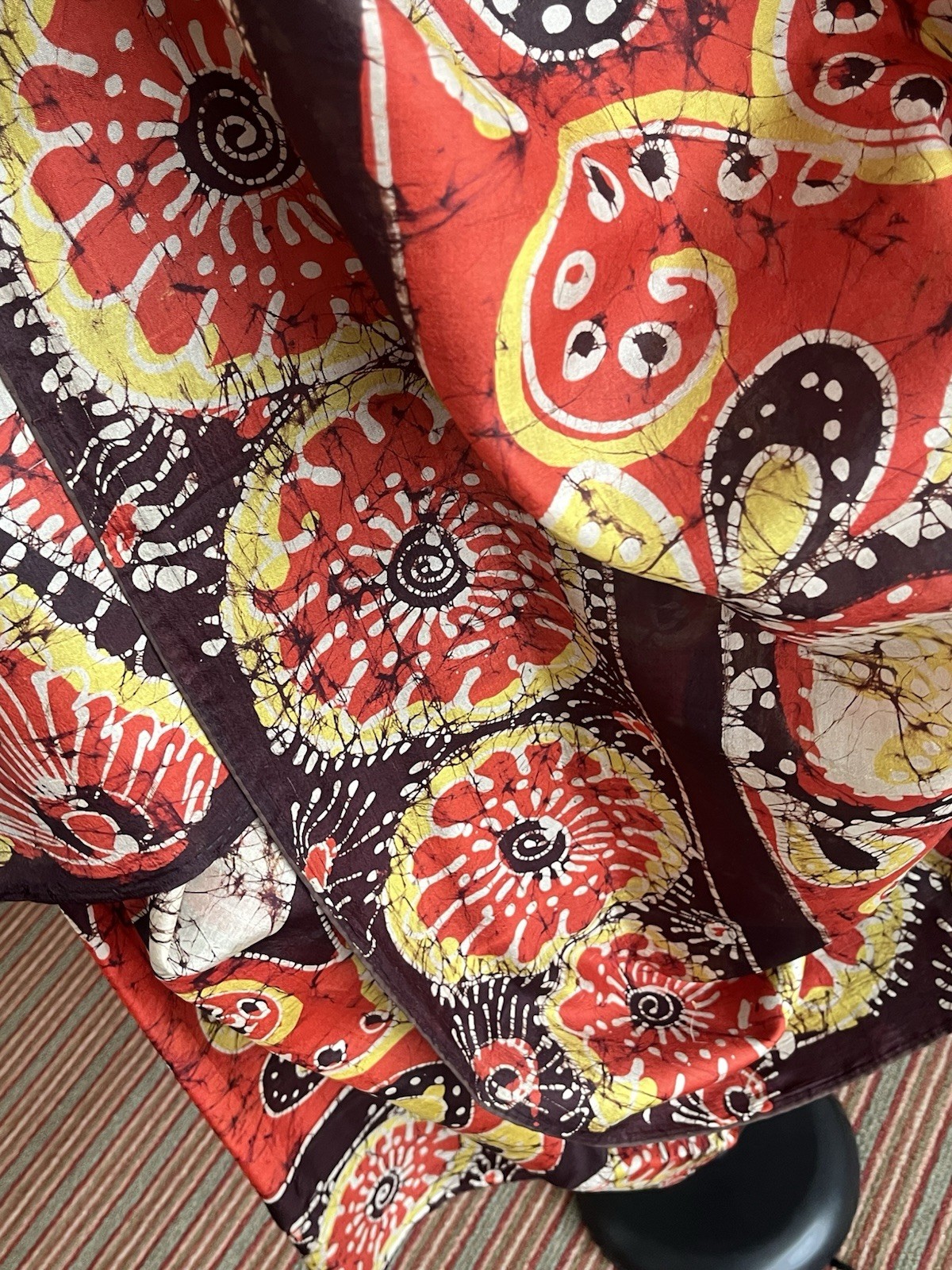 Fabric Red Brown Yellow Ivory 100% Silk Hand Wax Stunning Batik Saree Sari 43″ W