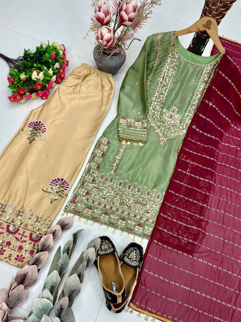 New Designer Silk Kurta Palazzo With Faux Georgette Dupatta For Women