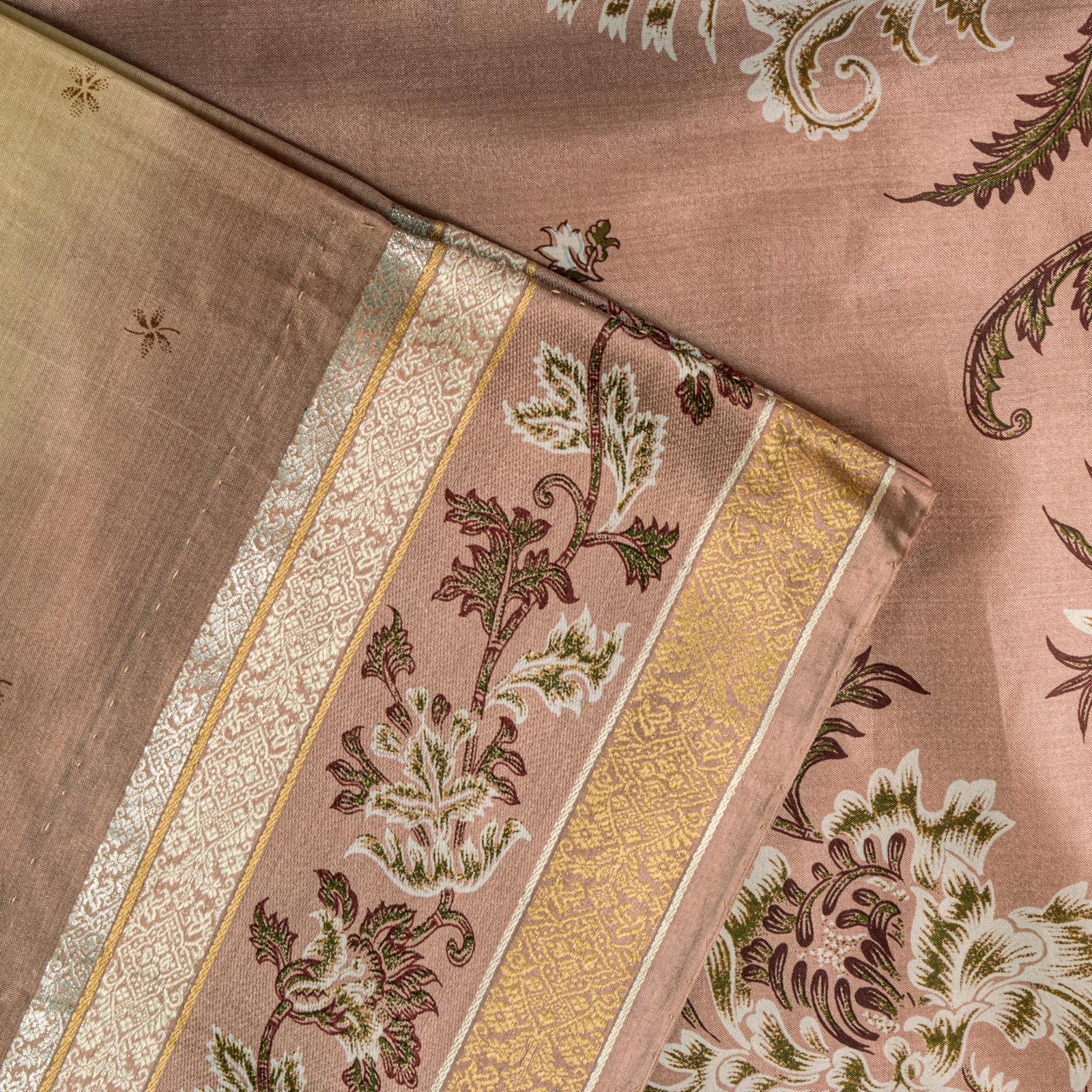 Sanskriti Vintage Soft Cream-Pink Pure Silk Sari Digital Print Floralsaree 5.5Yd