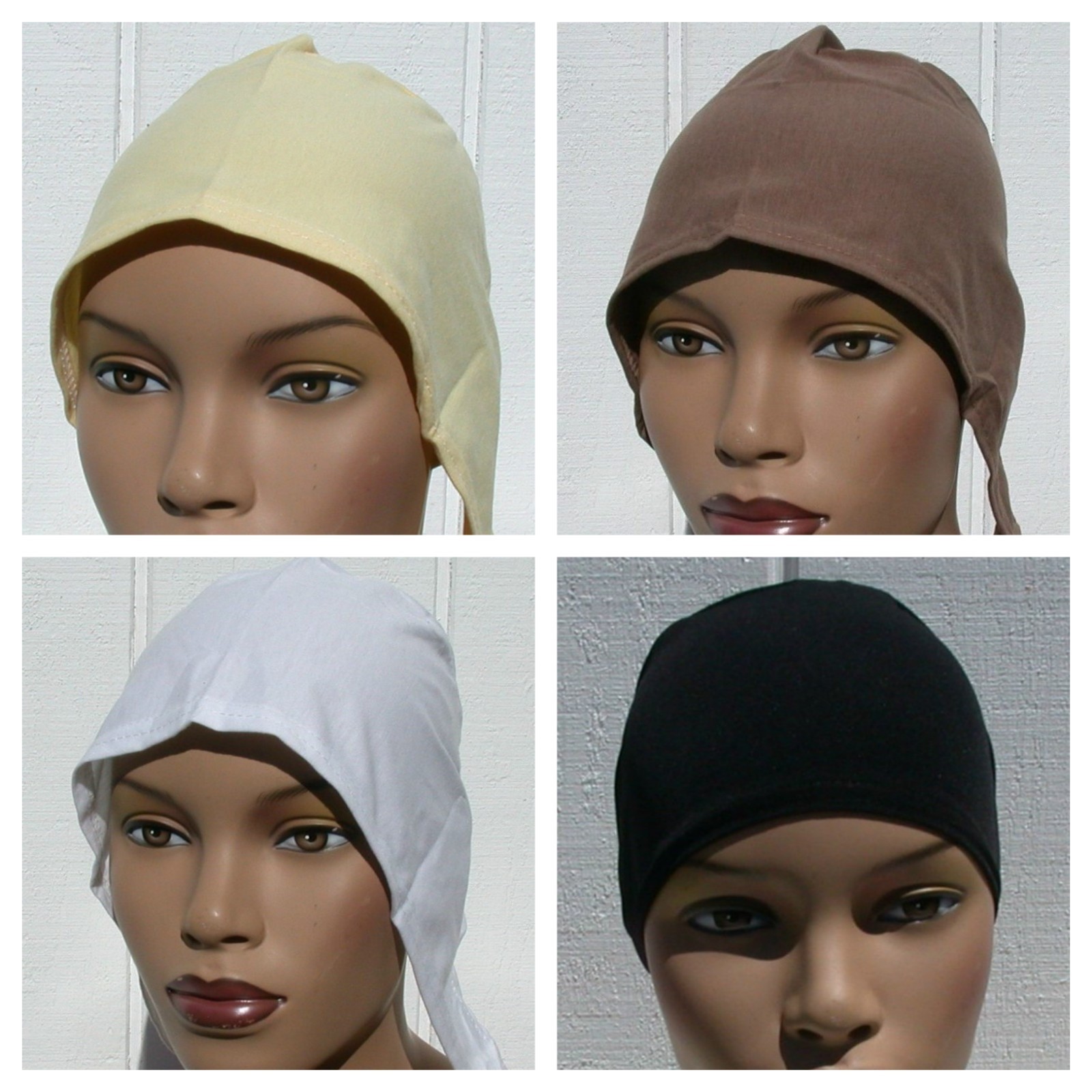 Set of 4 Cotton Tie Back Bonnet Hijab Undercap Modern Skullcap B&W Yellow Tan