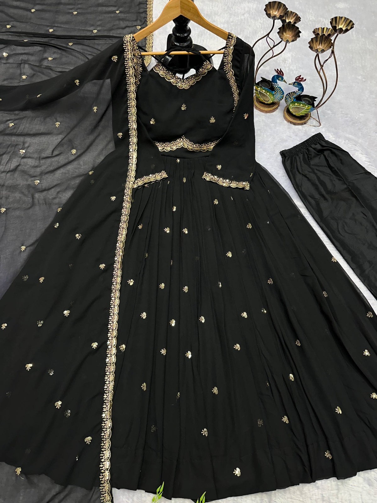 New Fancy Heavy Faux Georgette Gown Bottom With Black Dupatta For Engagement