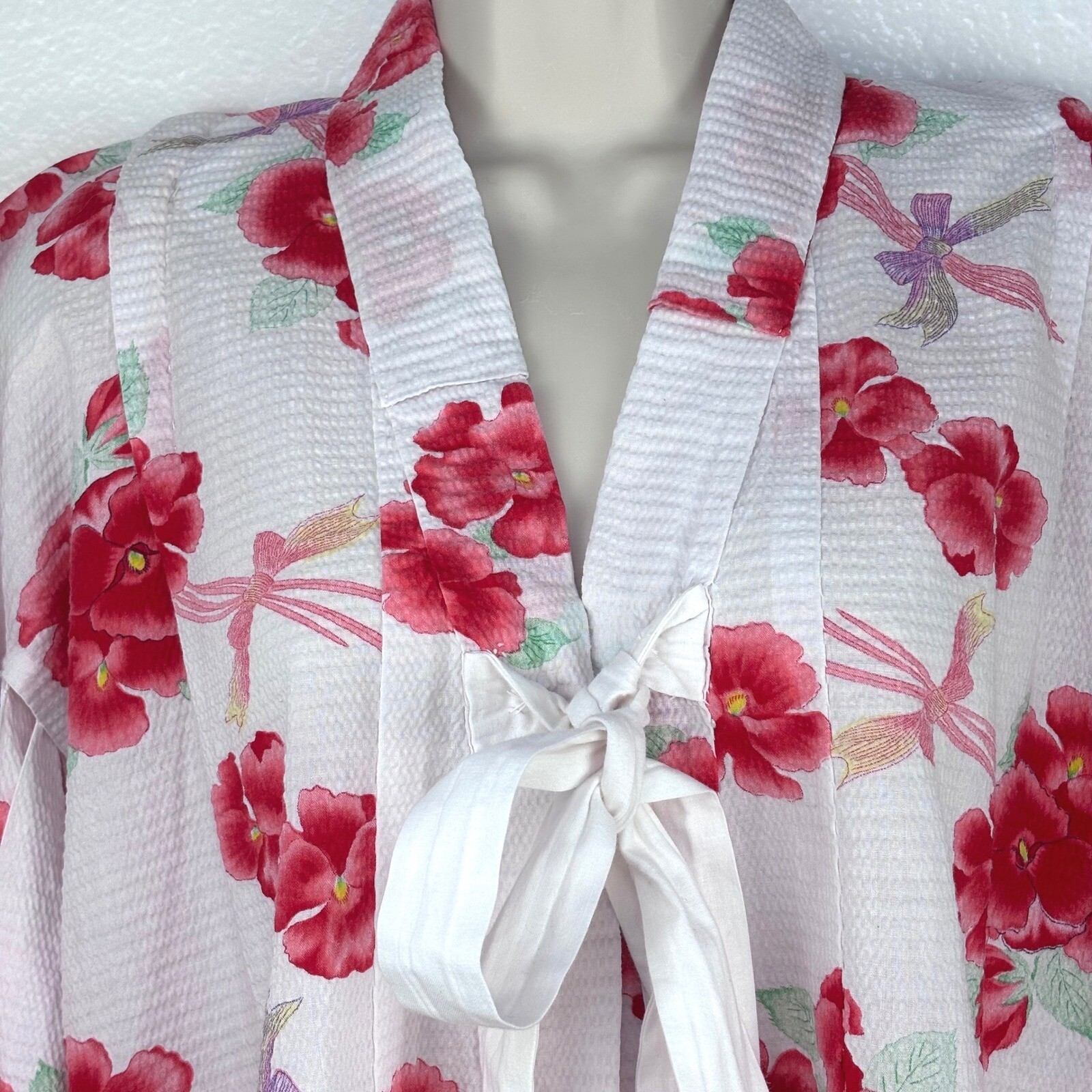 Vintage Seersucker Summer Kimono White Pink Orchids Cotton