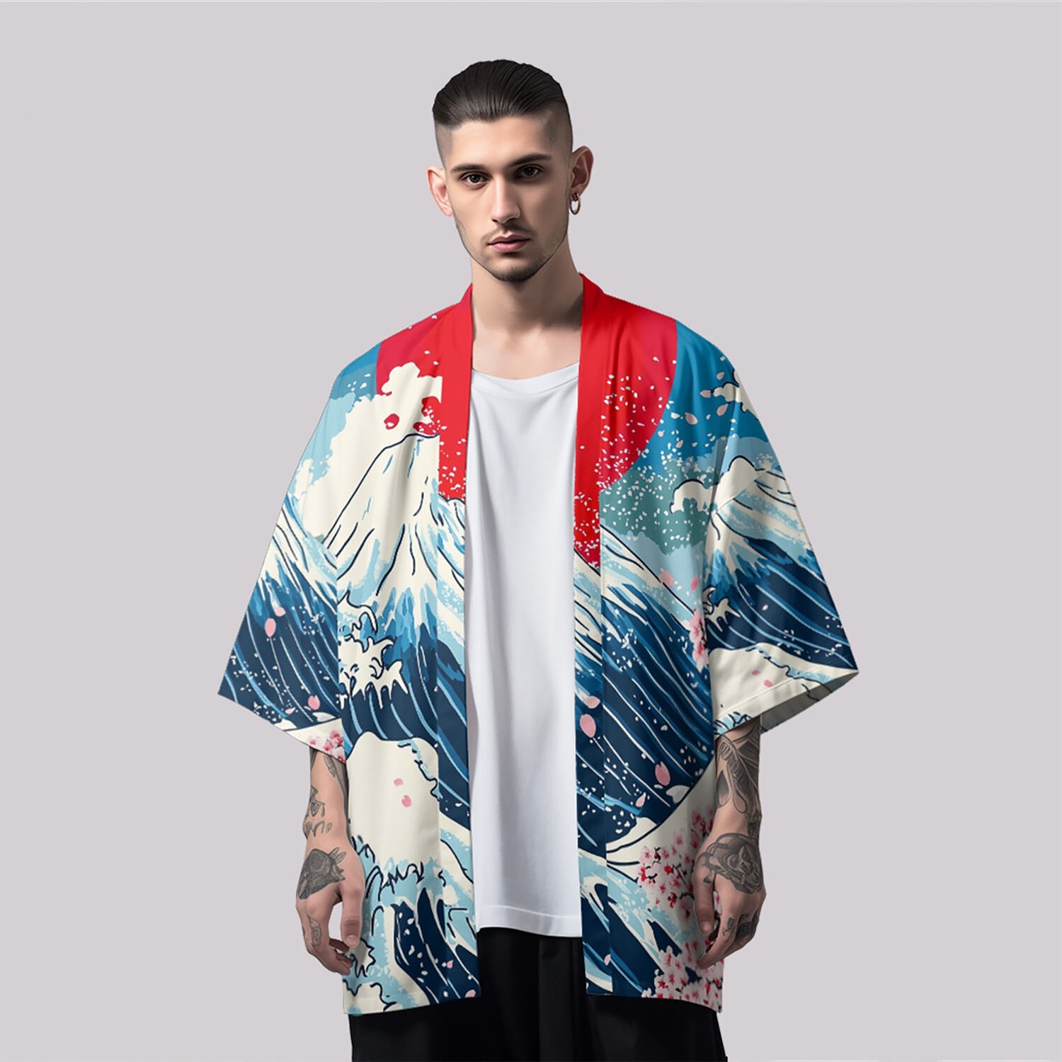Niepce Men’s Japanese Graphic Lightweight Fuji Waves Kimono Cardigan Shirt Top