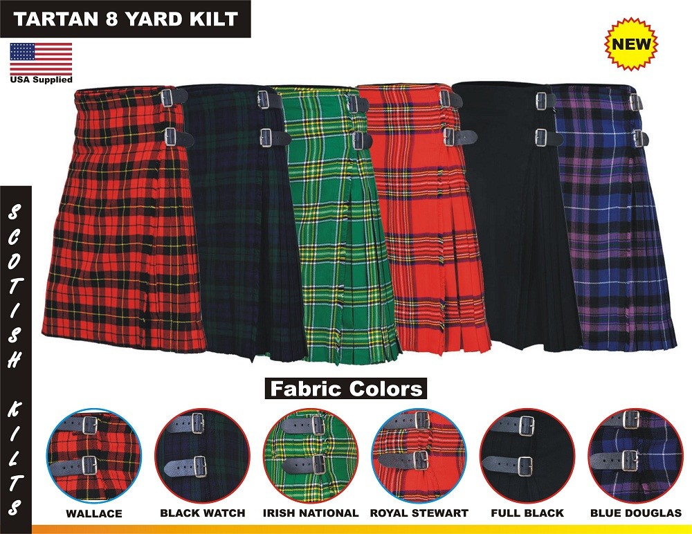 Men Traditional Scottish Tartan 8 Yard Kilt Highland Casual Kilt multiple colors