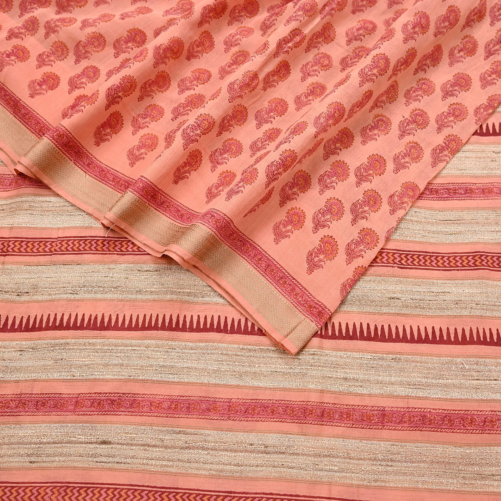 Indian Vintage Peach Block Printed Pure Chanderi Silk Saree Floral woven Border