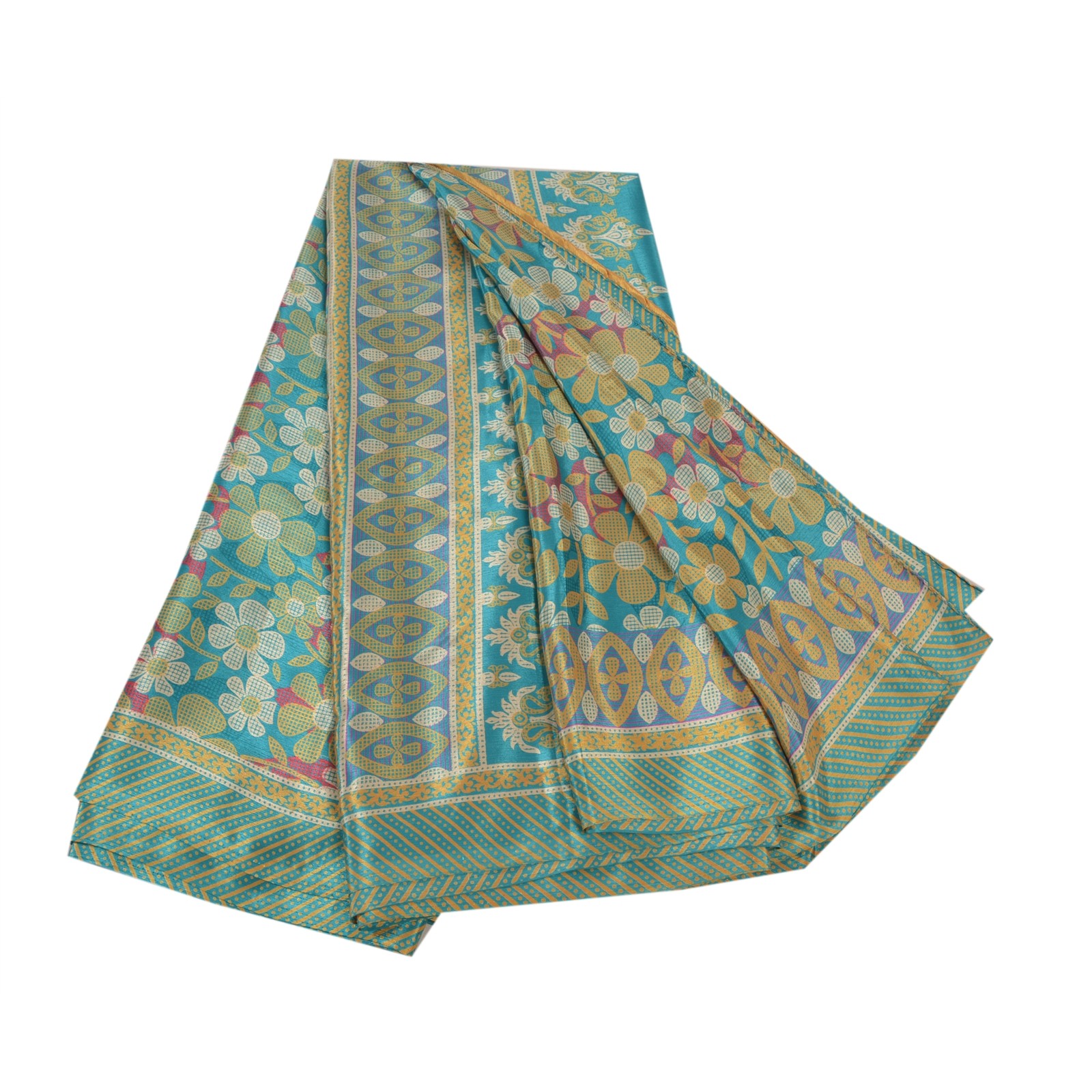 Sanskriti Vintage Green Sarees Moss Crepe Printed Sari Floral 5 Yd Craft Fabric