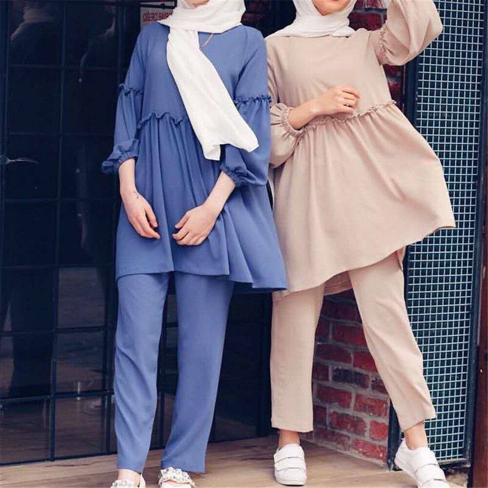 Muslim Blouse Pant Two Piece Set Women Long Sleeve Robe Abaya Islamic Dress Arab