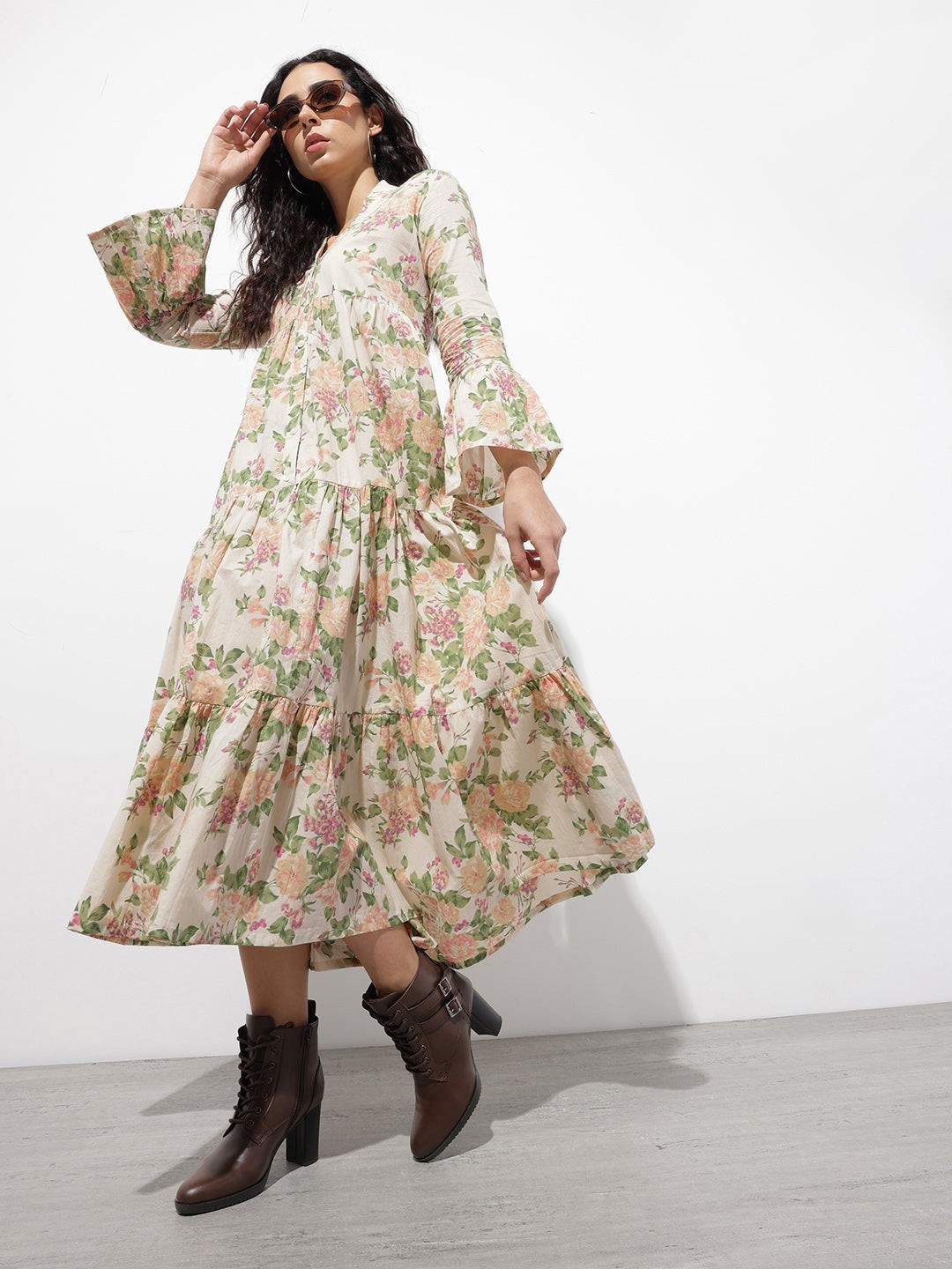 Cream Floral Cotton Midi Dress Women Mandarin Collar A-Line Casual Summer