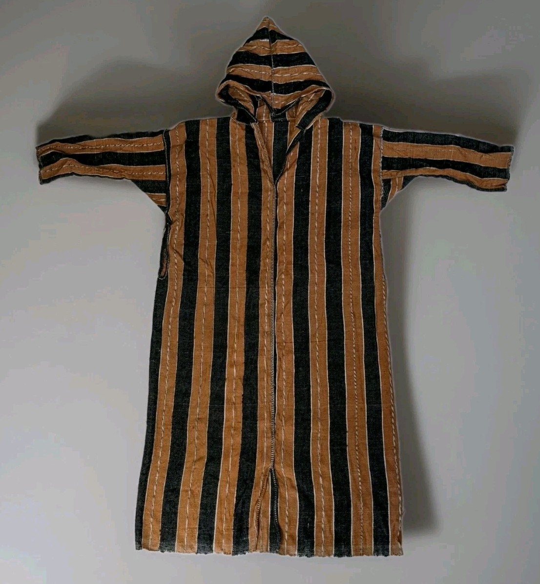 Vtg Handmade Moroccan Djellabah Stripes Jellaba Kaftan Wool Hooded Thobe Long