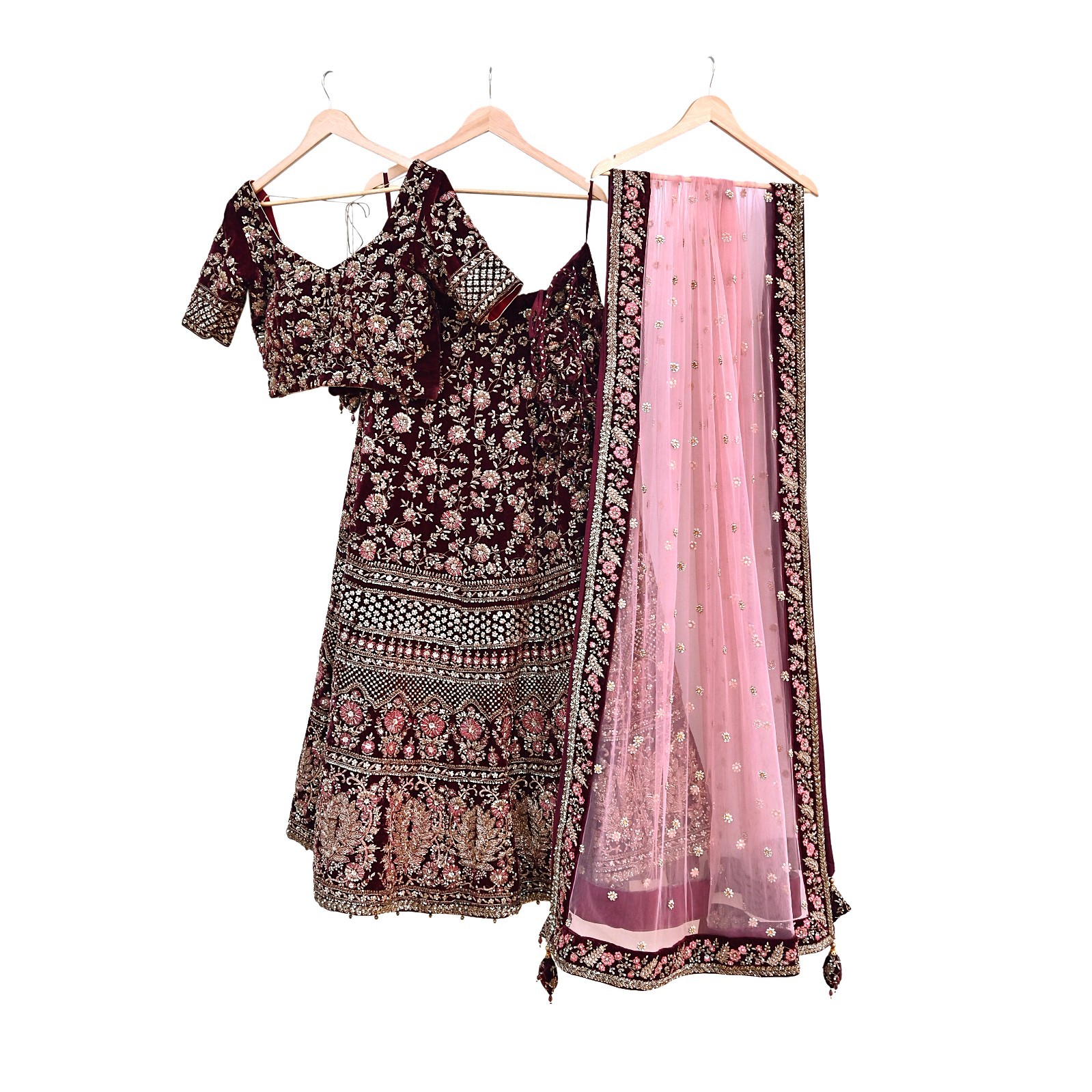 Indian Heavy maroon & pink Net/velvet Hand Embroidered Designer Lehenga 3pcs Set