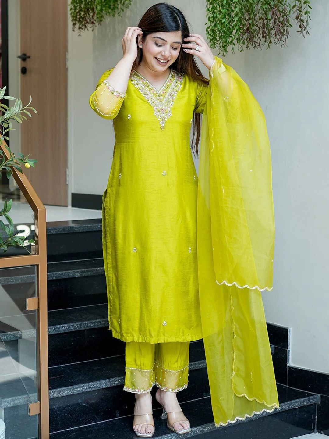 Women’s Lime Green Kurta Pant Dupatta Set Embroidered Ethnic Outfit