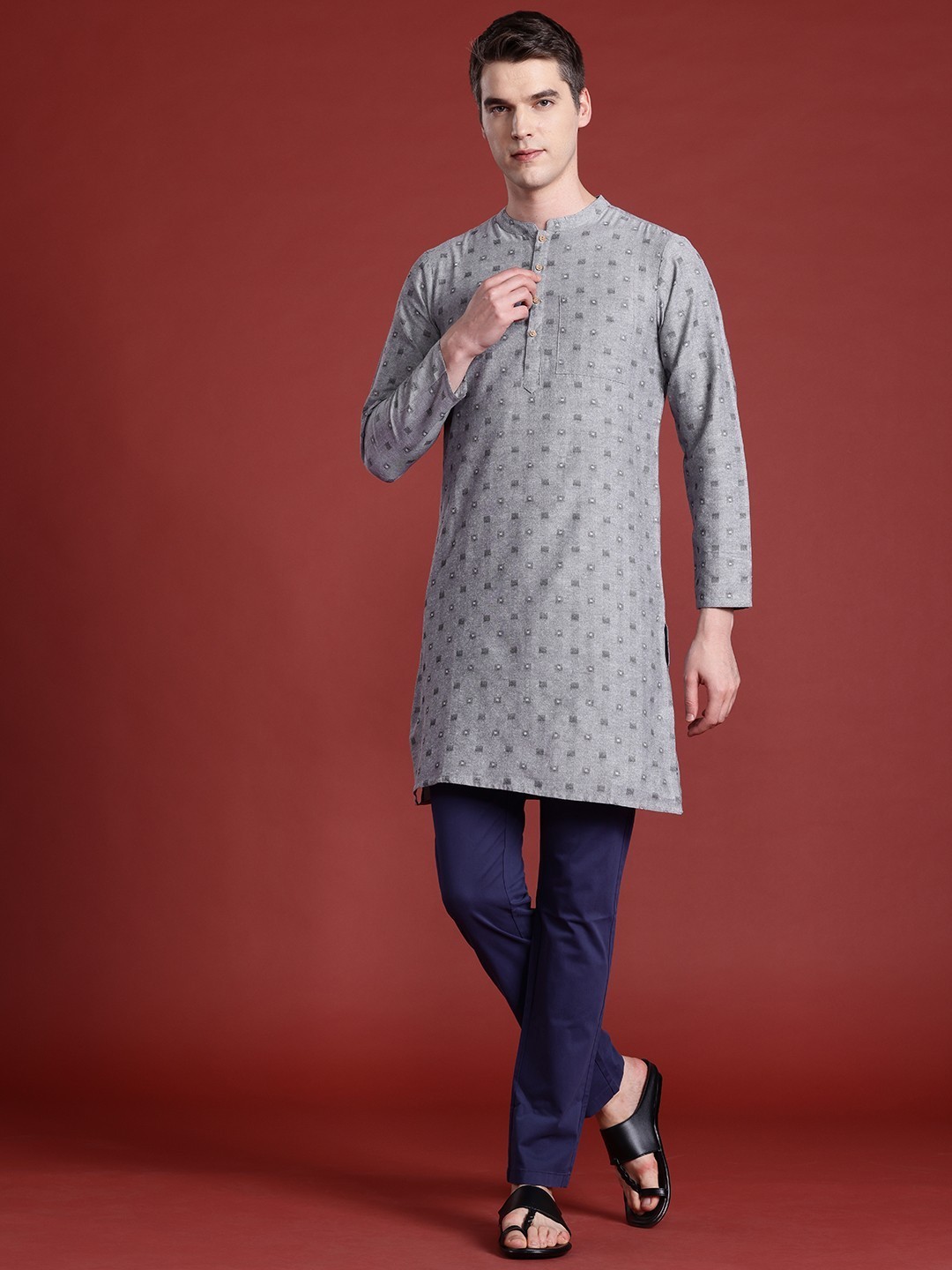 Men’s Grey & Black Woven Design Kurta – Mandarin Collar, Calf Length – S to XXL