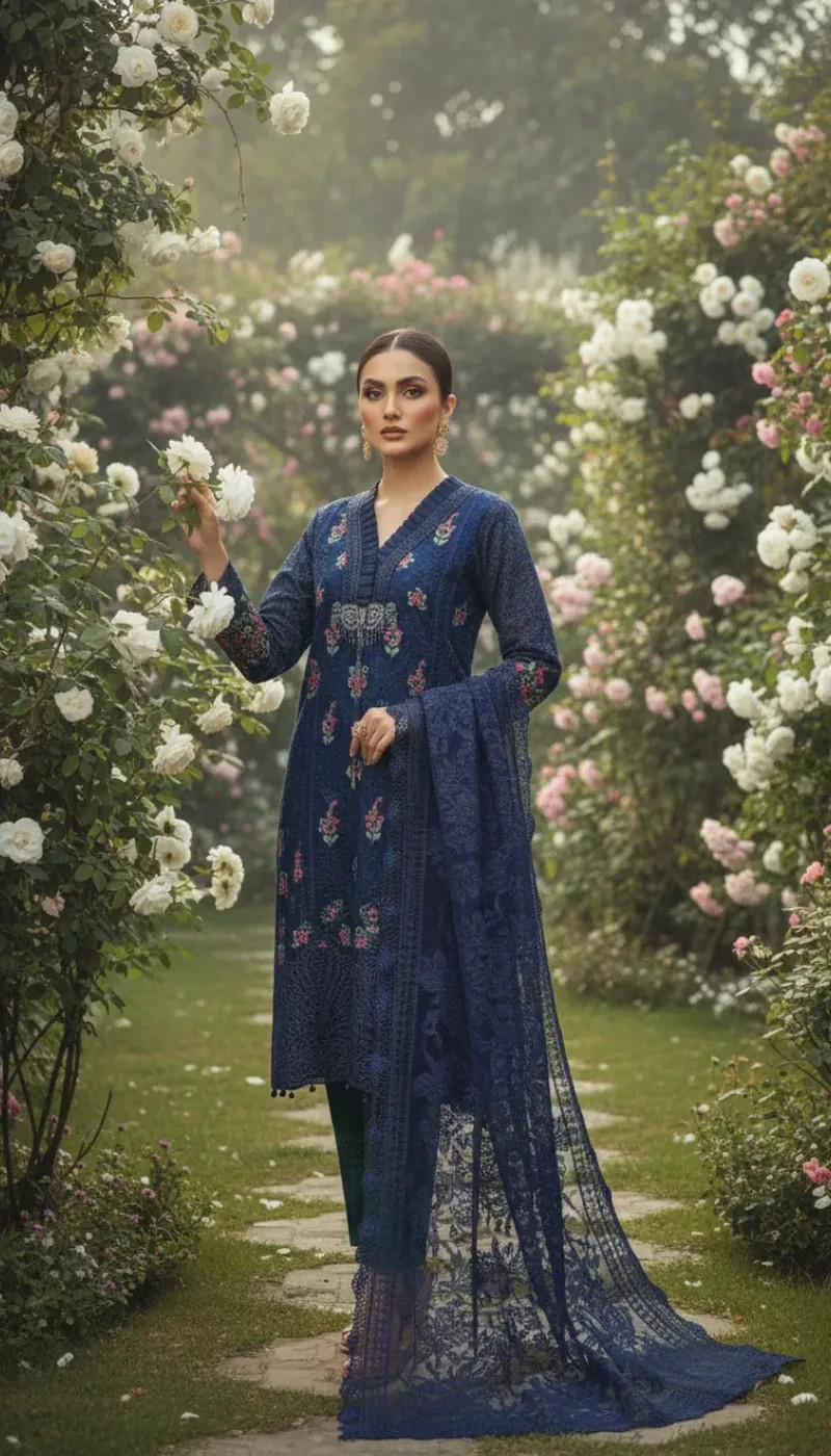 Navy Blue Green Embroidered Pakistani Suit 3Pc Chikankari Lawn Dress Set