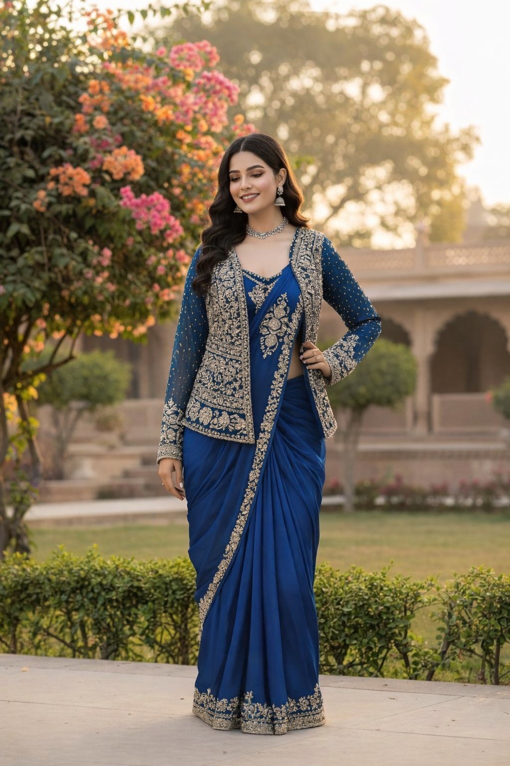 Women Ethnic Saree with Jacket Crepe Silk Festive Occasion Wear