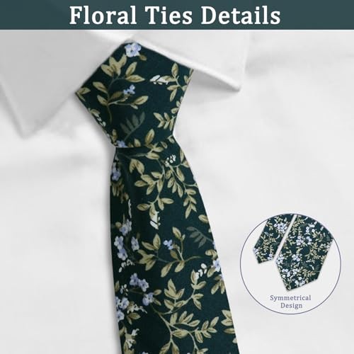 Floral Ties for Men, Cotton 2.75 Inches Mens Floral Tie Neckties Dark Green
