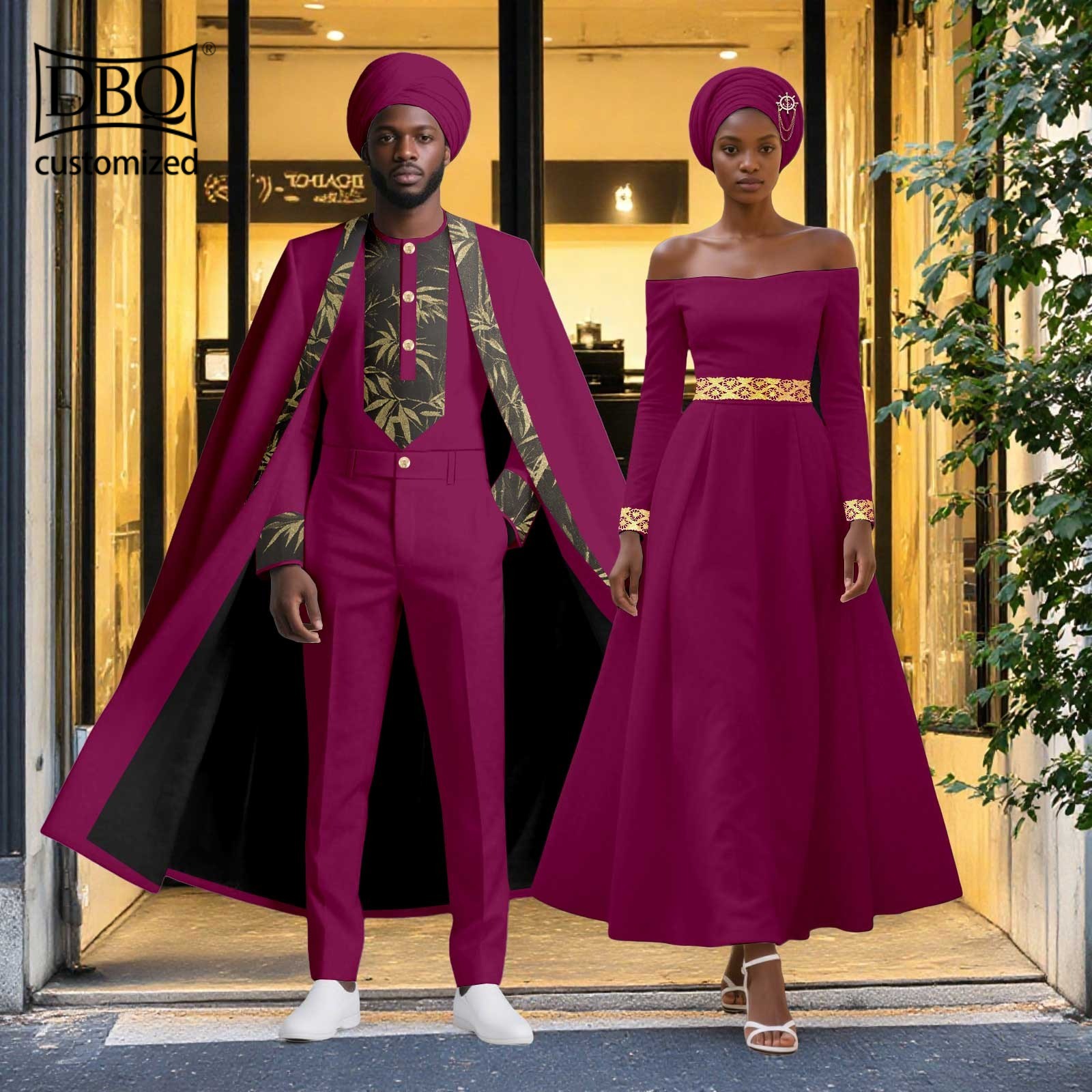 African Couple Clothes Men Long Cloak+Jacket Pants Set Women Dress with Headwrap