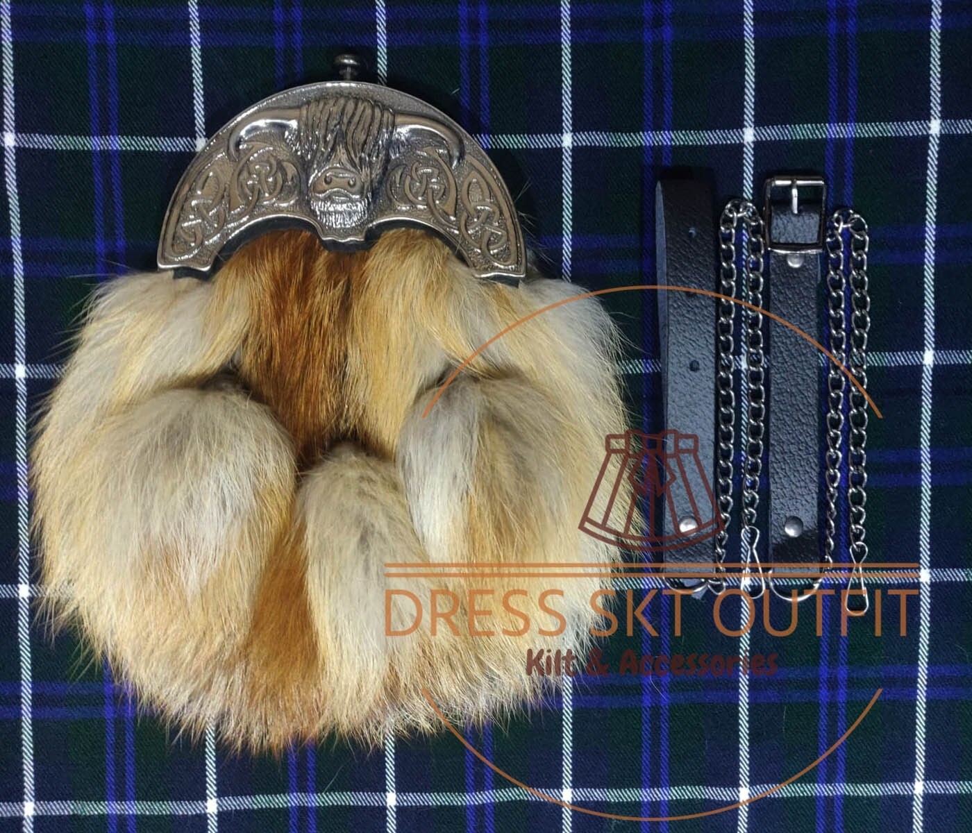 Scottish Highlander Full Dress Red Fox Fur SPORRAN Cow Head Cantle Sporran