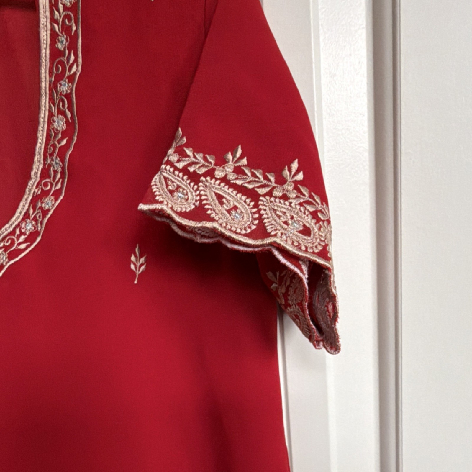 Red Embroidered Kurta for Women with Gold Detailing, Short Sleeves