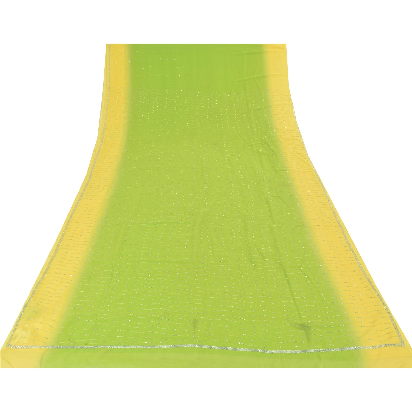 Sanskriti Vintage Lemon/Green Sarees Georgette Hand Beaded Craft Fabric Sari