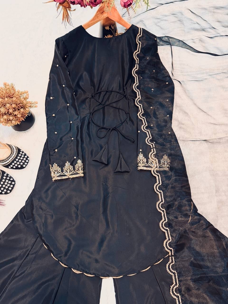 Party Wear Black Natural Crepe Silk Kurta Palazzo With Dupatta For Women