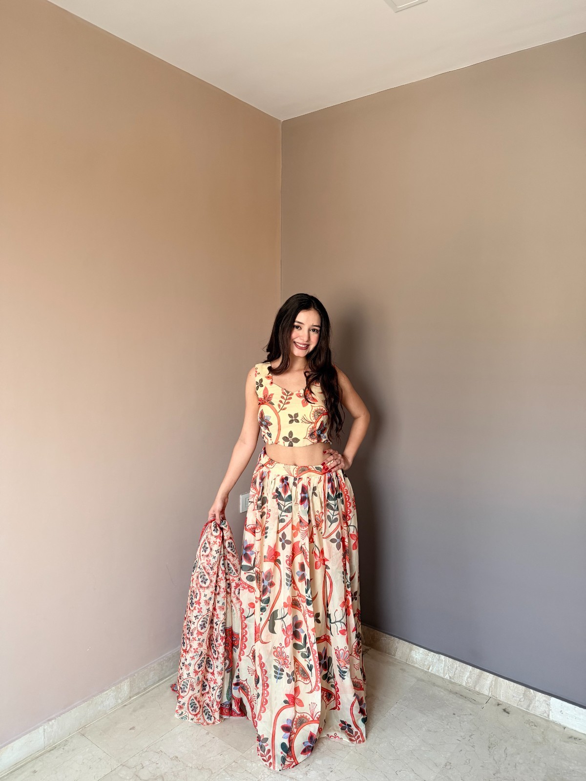 Pure Organza Floral Printed Lehenga Choli Set Intricate Hand Work Sleeveless