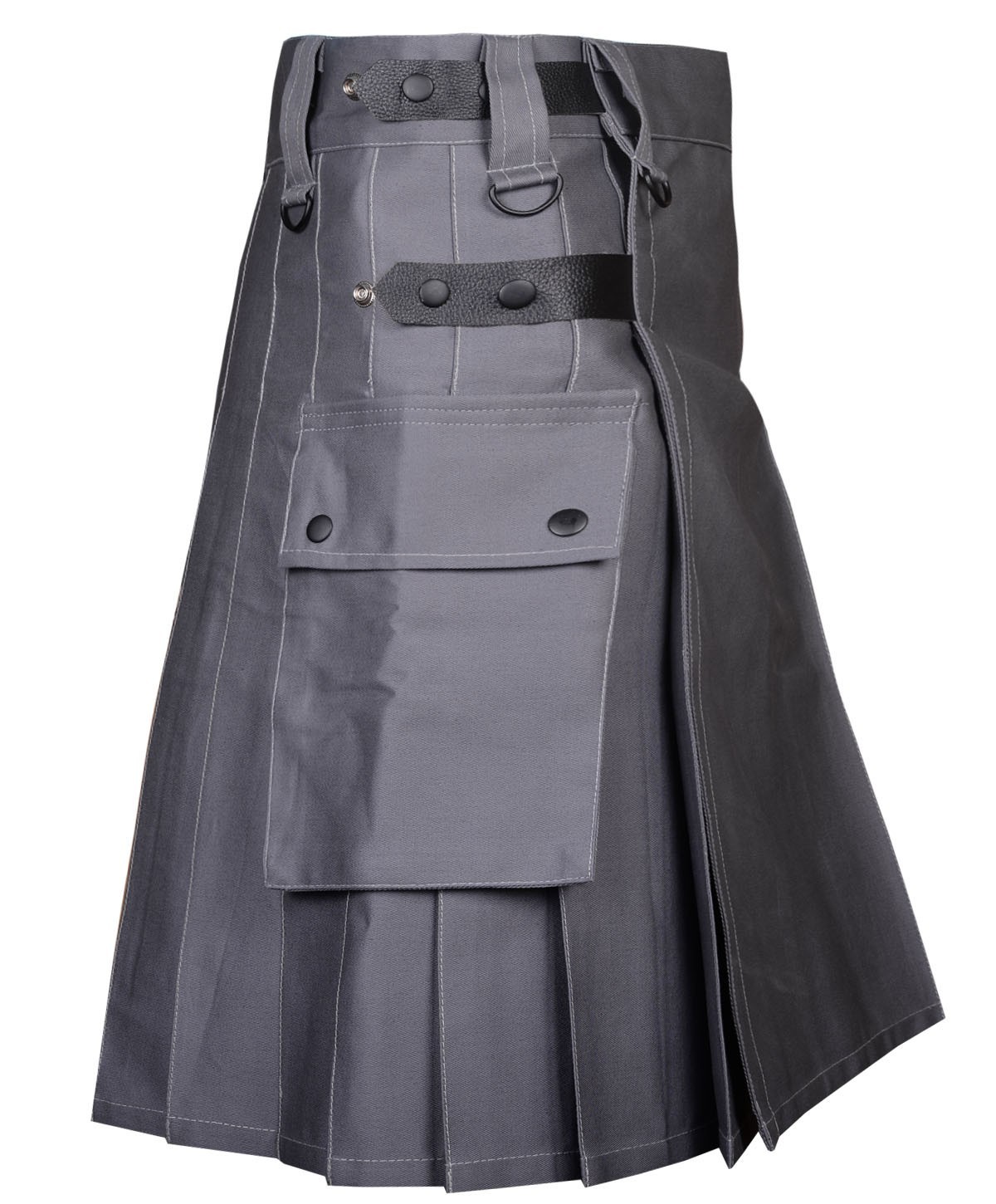 Men’s Gray Utility Kilt Cotton Real Leather Straps Cargo Pockets Custom Size