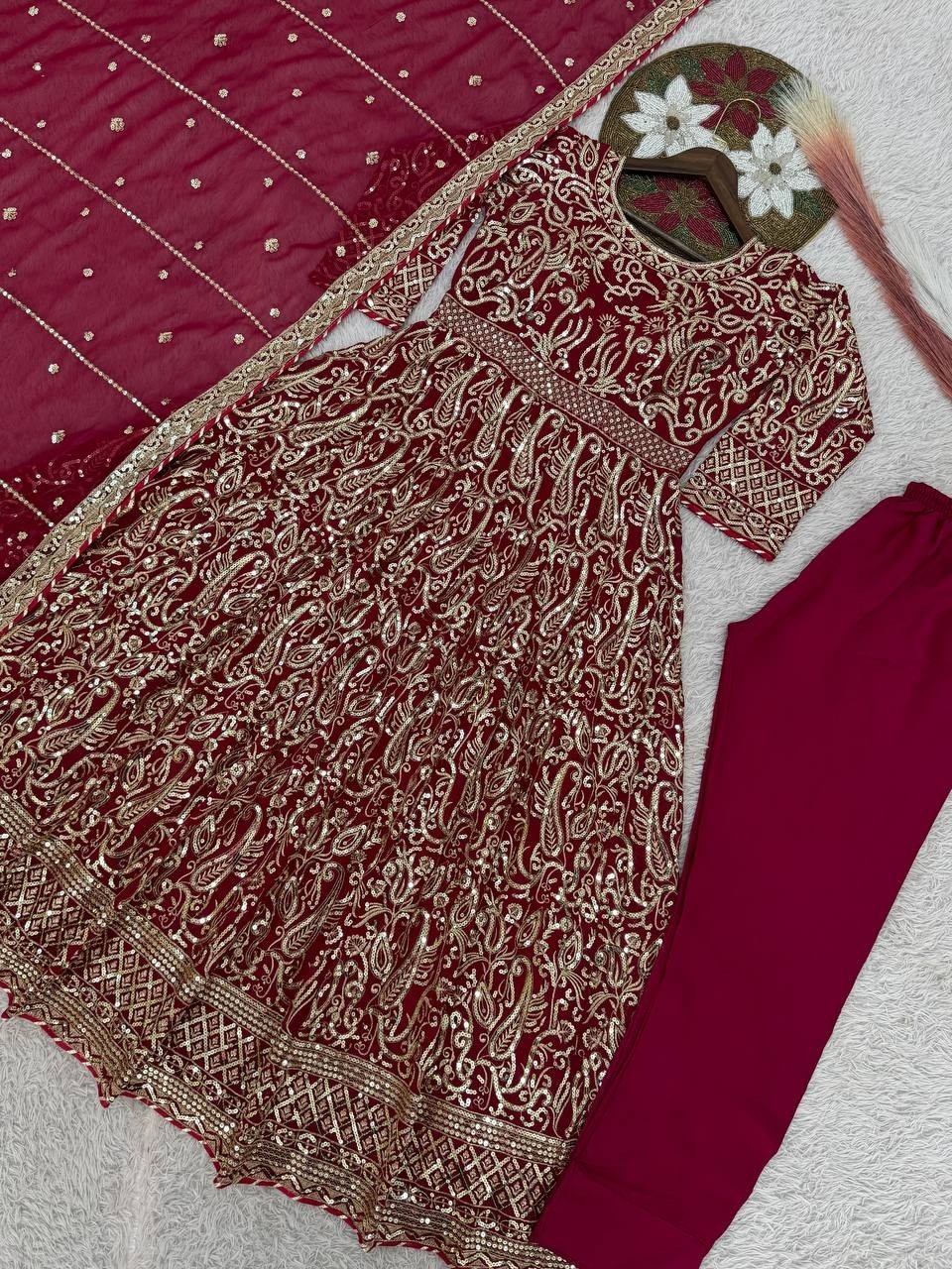 Maroon Anarkali Gown Pakistani Dress Salwar Kameez Ready To Wear Wedding Party L