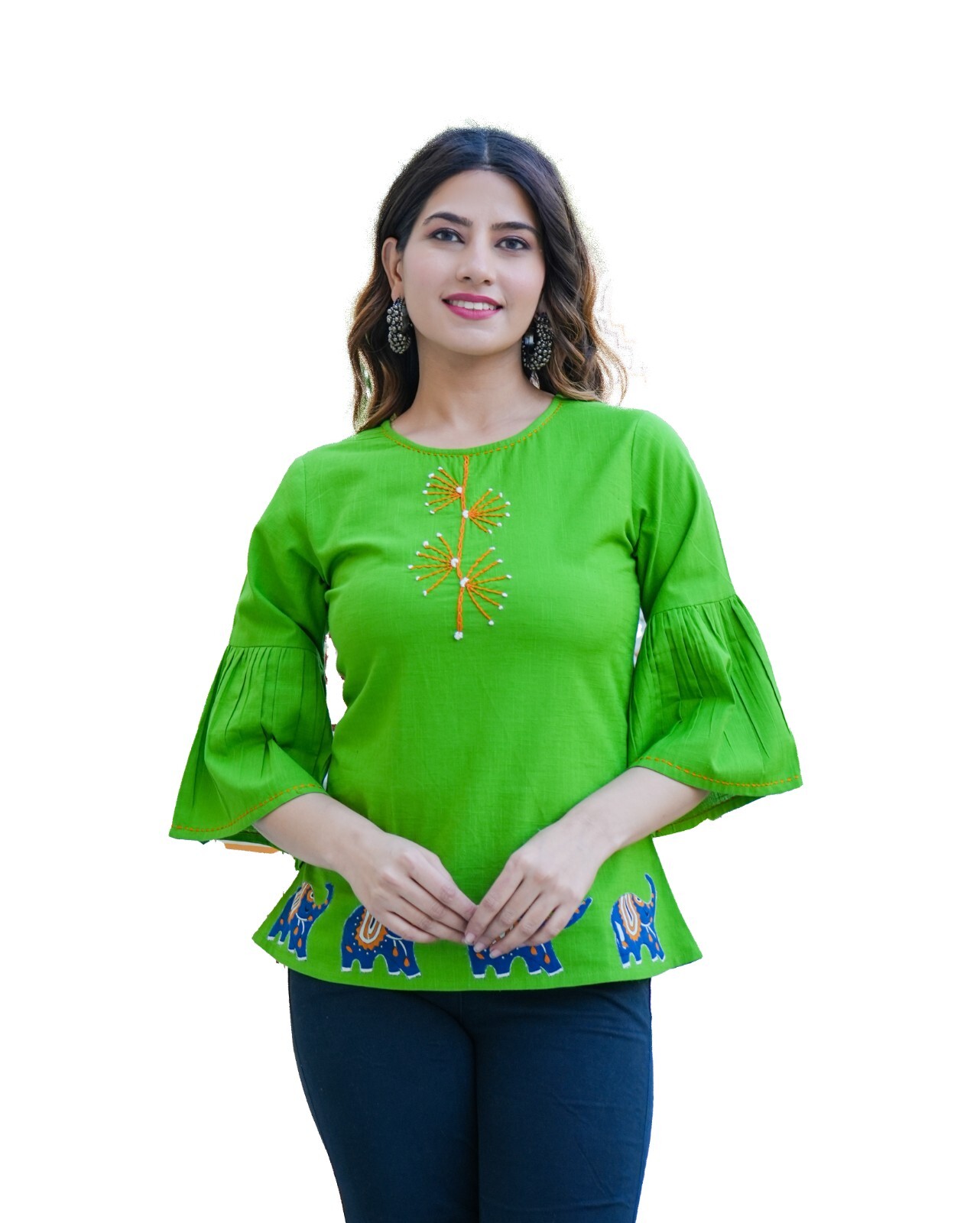 Yash Gallery Women’s Green Cotton Slub Patch Work Top, Casual Chic Boho Blouse,