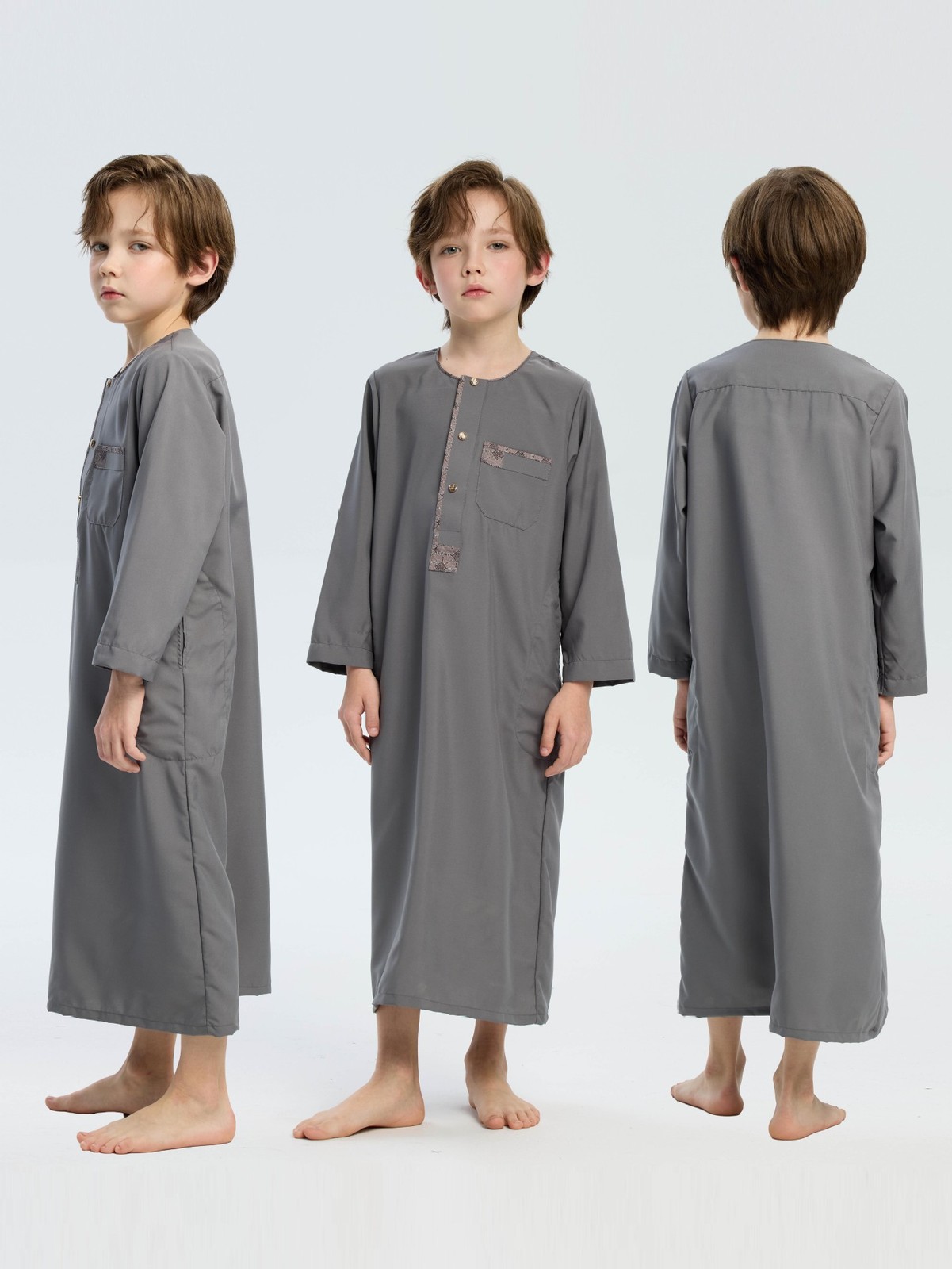 Muslim Boys Short Sleeve Jubba Thobe Embroidered Dress Islamic Abaya Robe Dubai