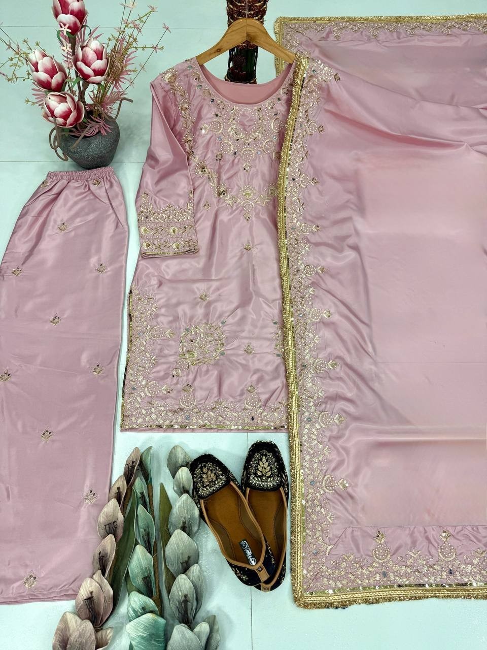 Unique Designer Natural Silk Kurta Palazzo With Dupatta For Women