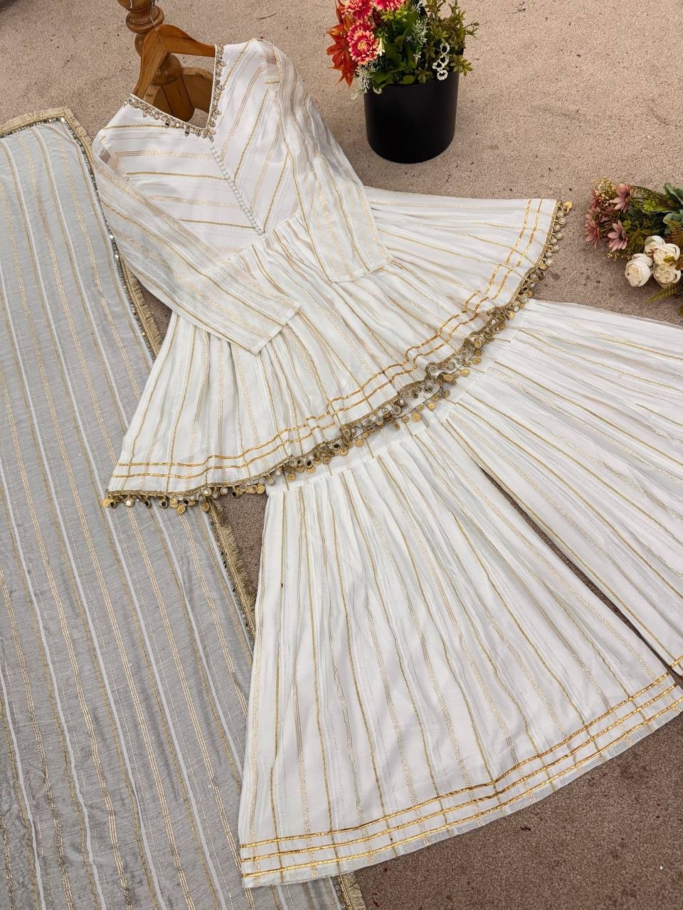 New Arrival Mal Chanderi Top Palazzo With White Dupatta For Indian Festival Wear
