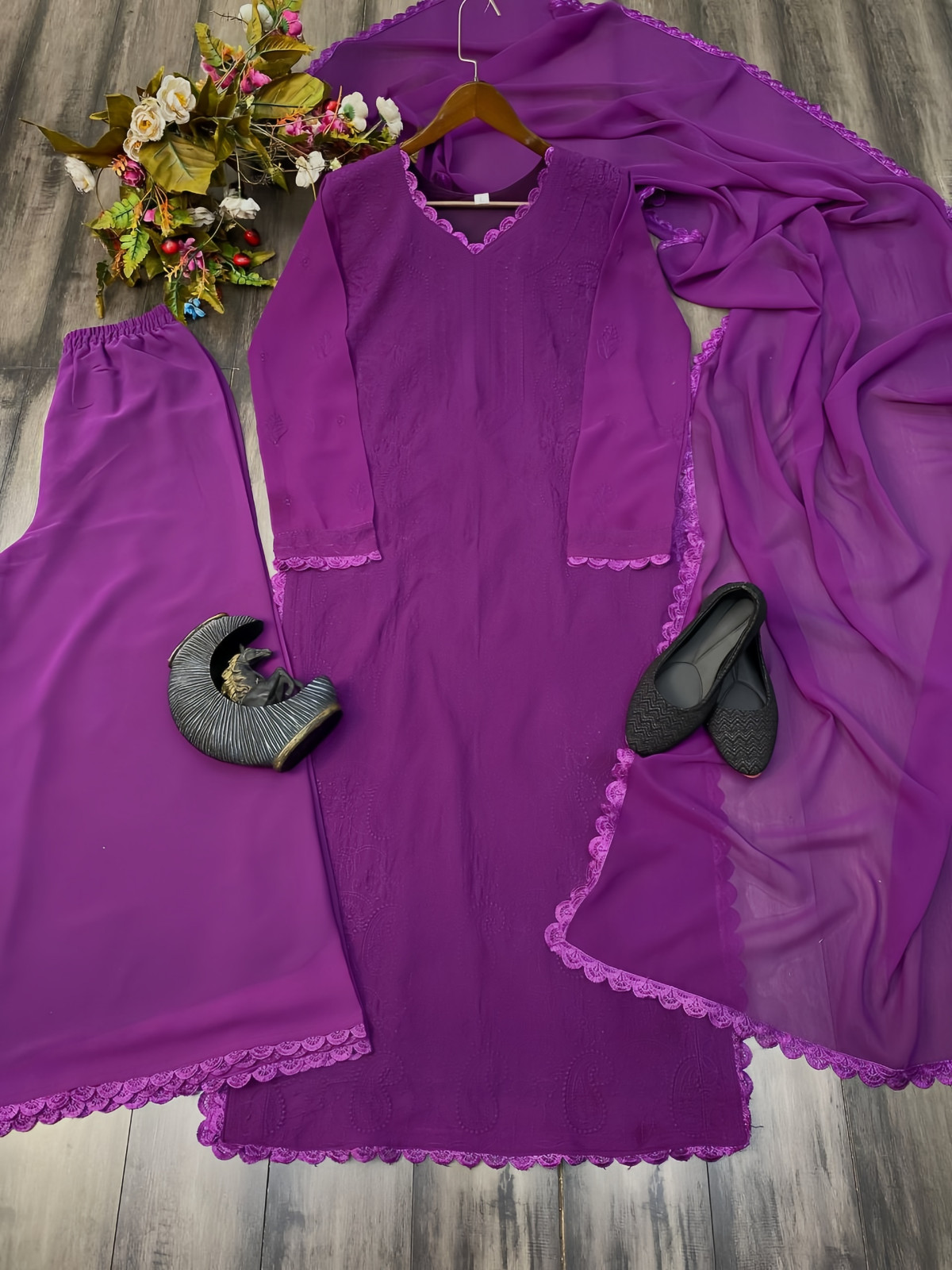 Georgette Embroidered Chikankari V Neck Kurta with Palazzo and Dupatta