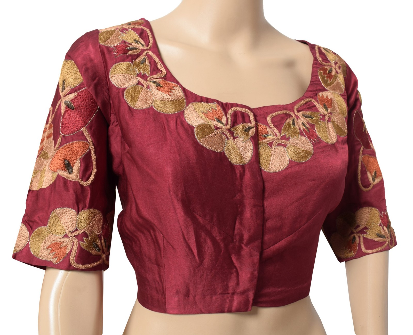 Sushila Vintage Readymade Embroidered Sari Blouse Pure Satin Maroon Choli 42″