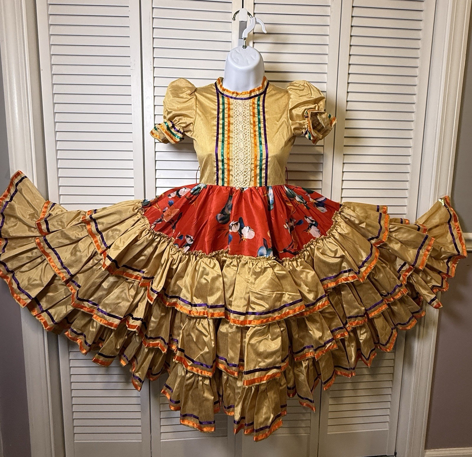 Mexican Folkloric Dance Dress Gold With Purple Orange Ribbon Older Child