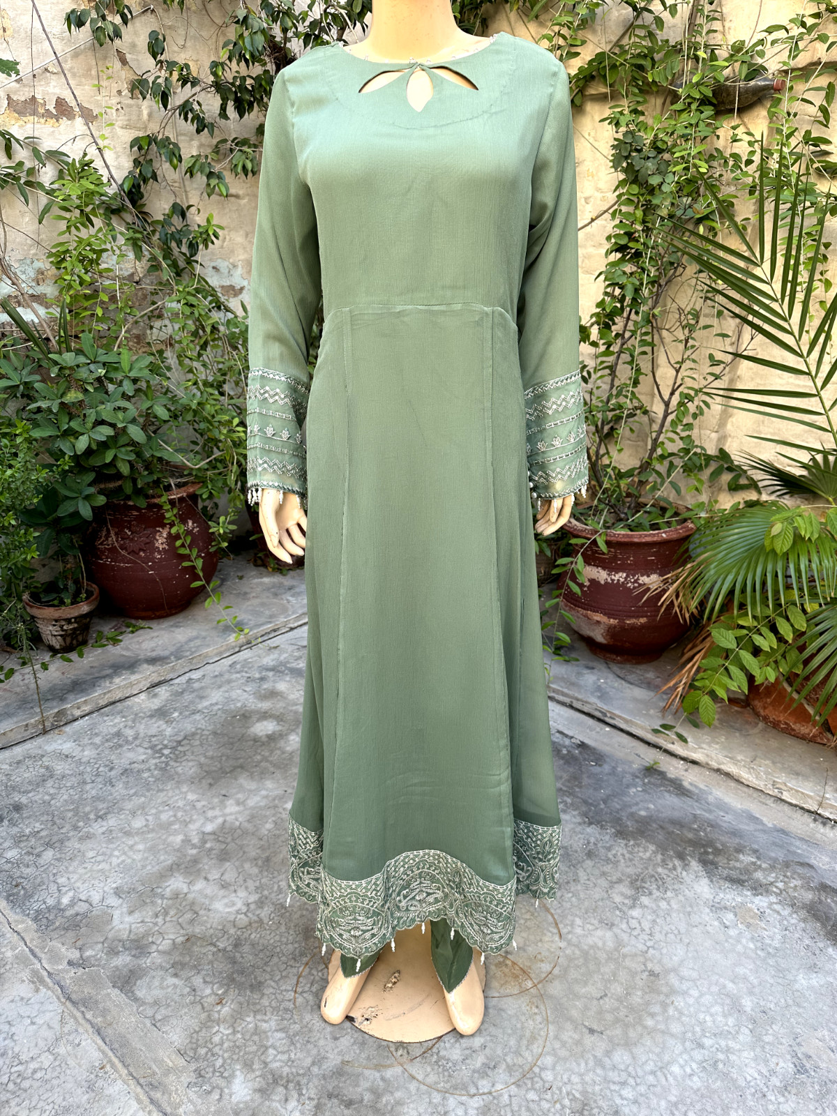 Pakistani Sage Green Long Style Embroidered Sequins fancy Chiffon Dress,XL