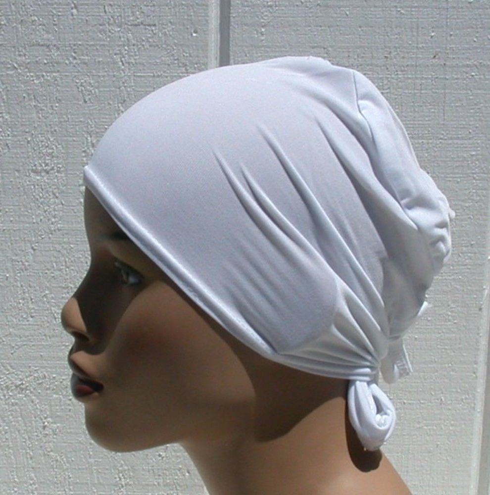 Conservative Turban Cap Hijab WHITE Rayon Tie Back Bonnet