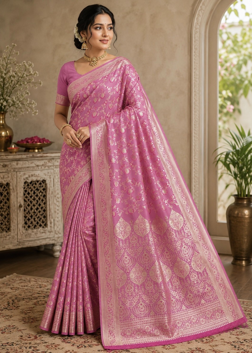 Pure Katan Silk Banarasi Saree, Fuchsia Pink Handwoven Gold Zari Wedding Saree