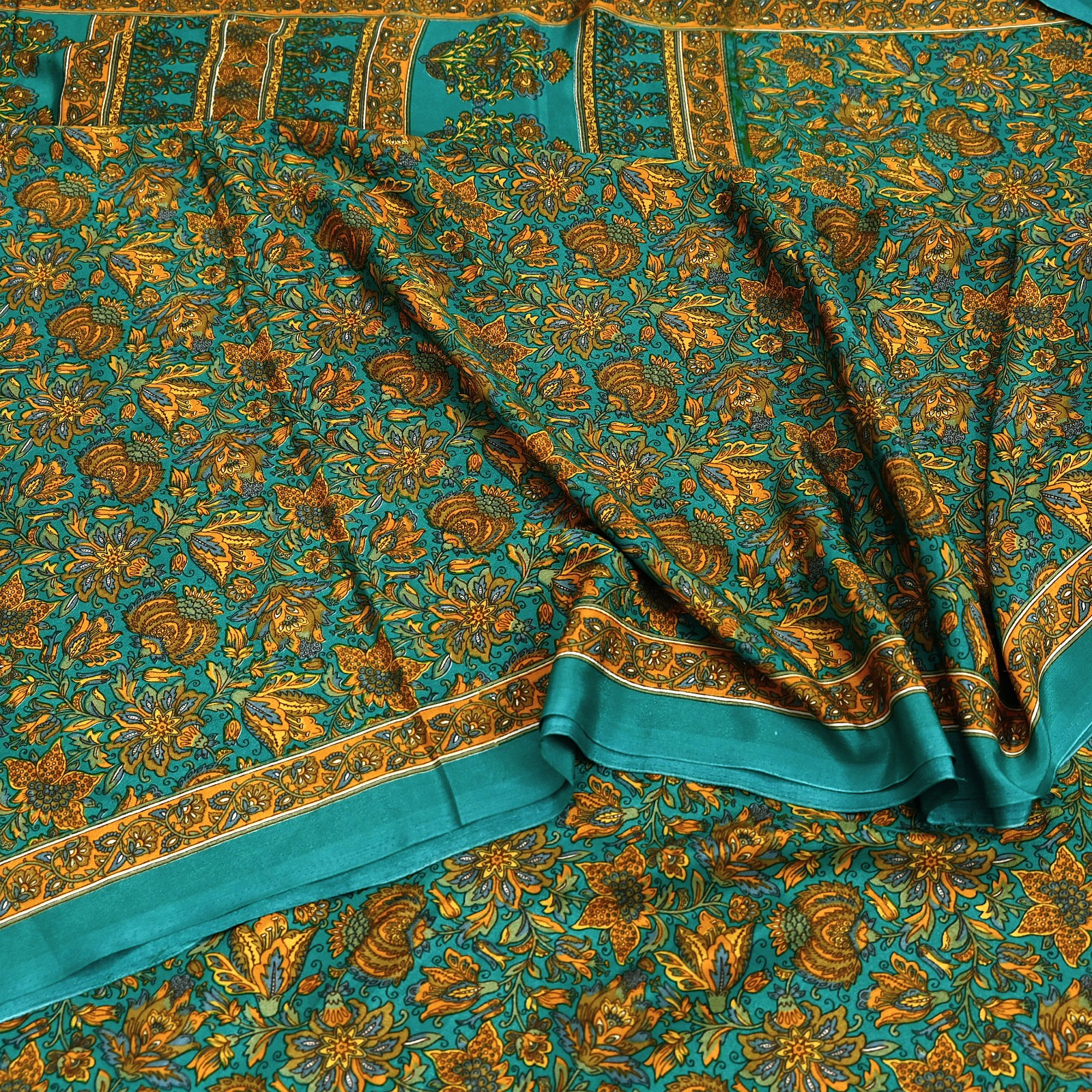 Indian Vintage Green Moss Crepe Saree Printed Floral Sari Fabric 6 Yards Soft