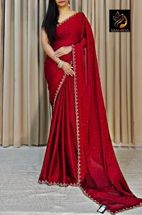 Traditional Wedding Pure Soft Satin Chiffon Saree,Indian Stylish Sari