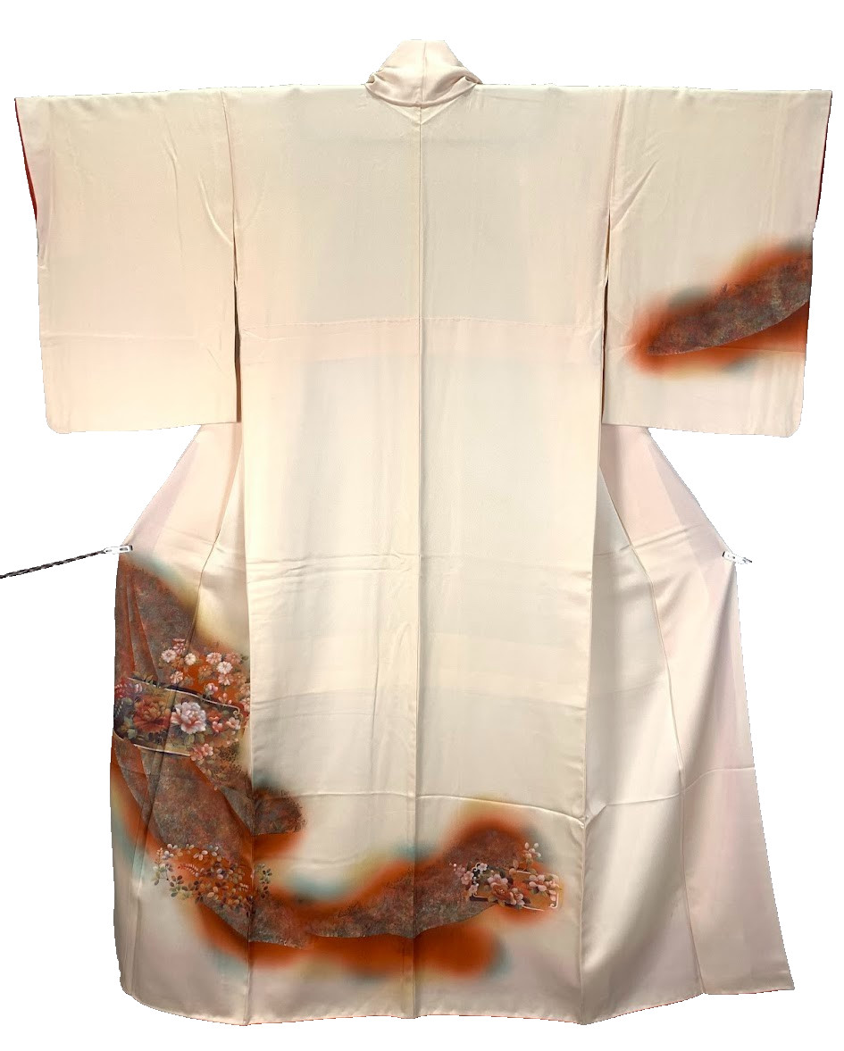 Vintage Japan Silk Houmongi Kimono S Peony Gold Hand-painted Yuzen Yuki 25.6″