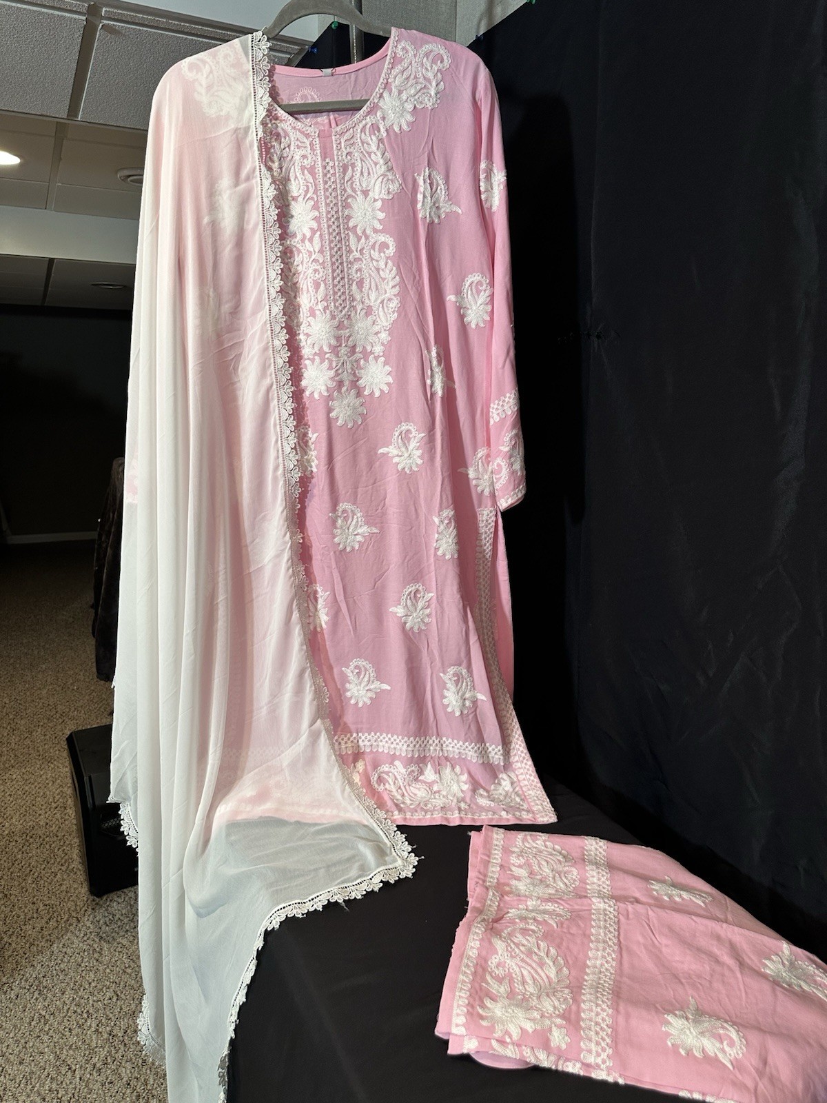 Beautiful soft linen Front & back emb-3 pc suit-emb plazo, laced dupatta-$44