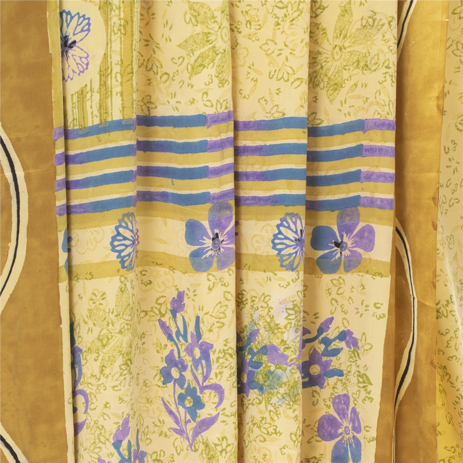 Sanskriti Vintage Saree Lemon Pure Crepe Floral Printed Sari 5.5+YD Craft Fabric